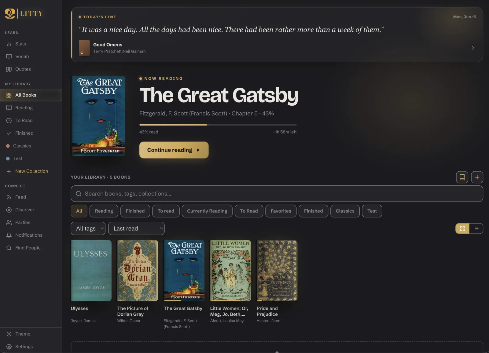 The Litty library on desktop — today's line, your current book, and your shelf