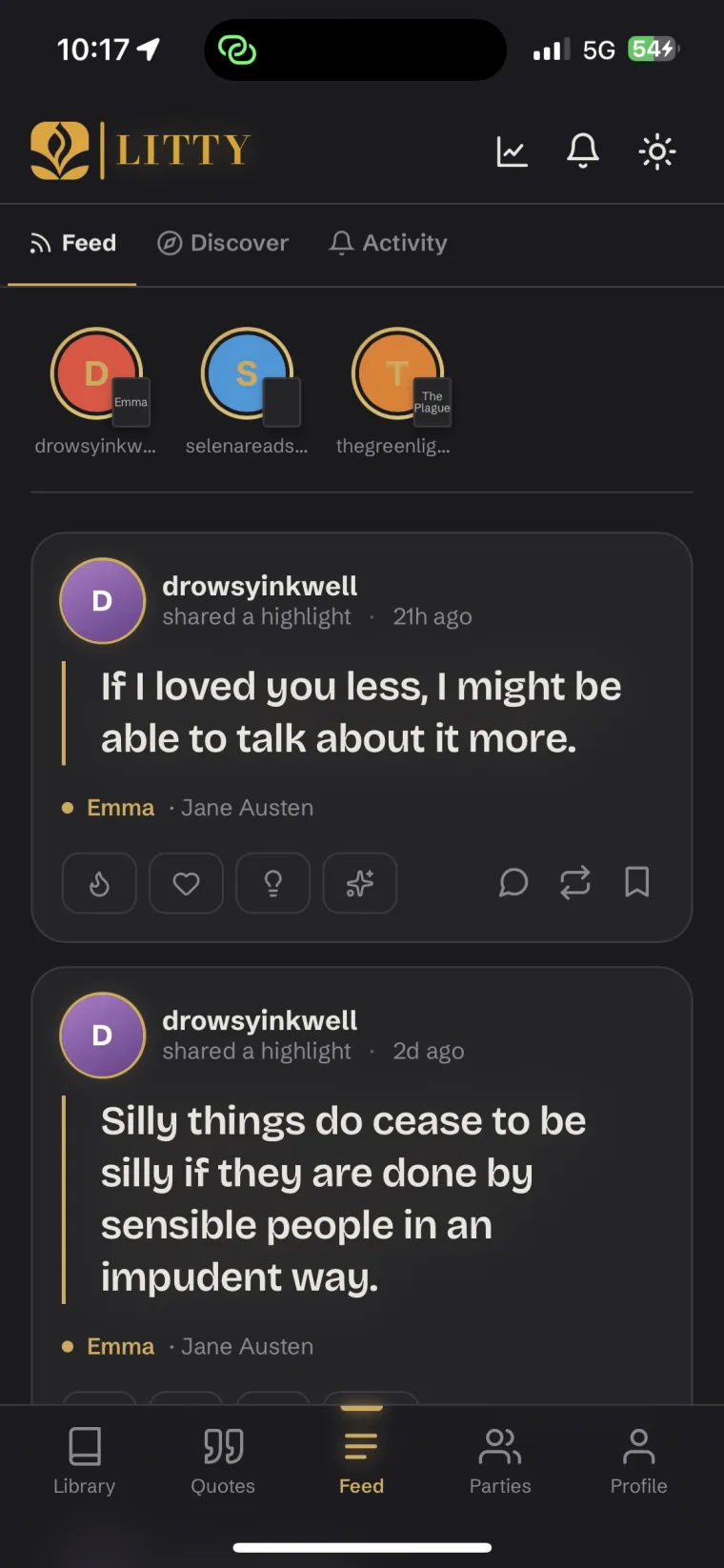 The feed — shared highlights from readers you follow