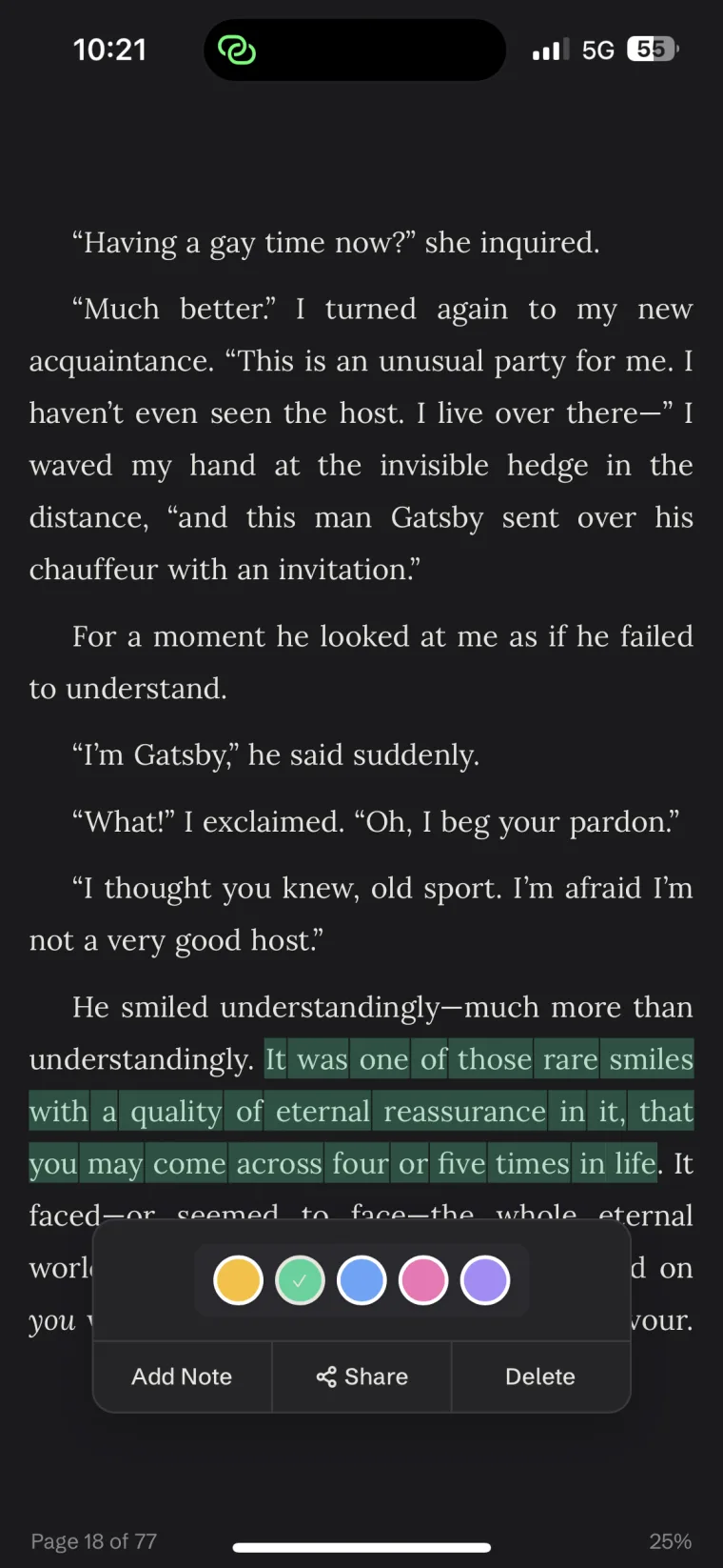 Highlight a passage — five colors, add a note, share or delete