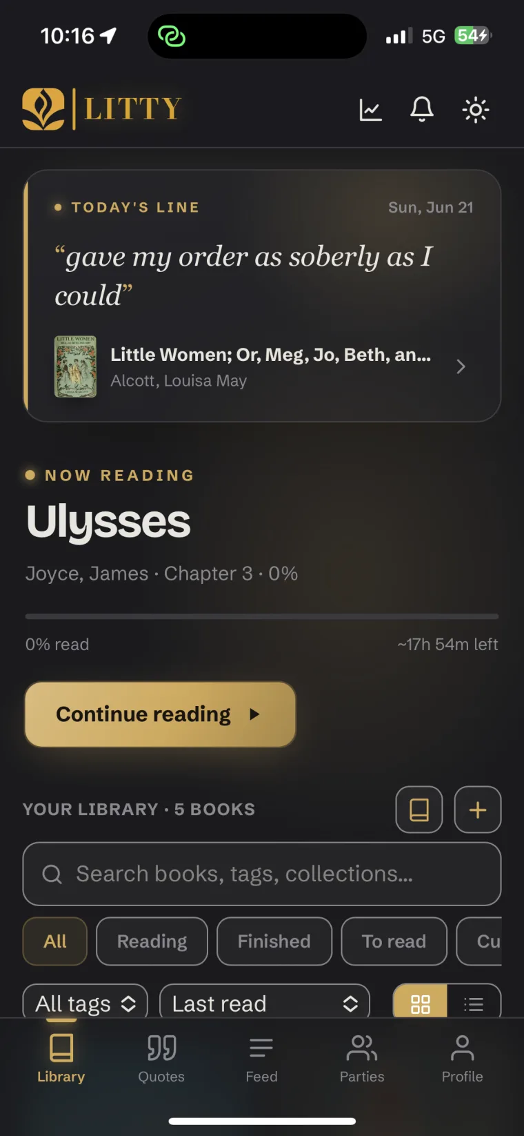 Litty on a phone — the home screen with your current book