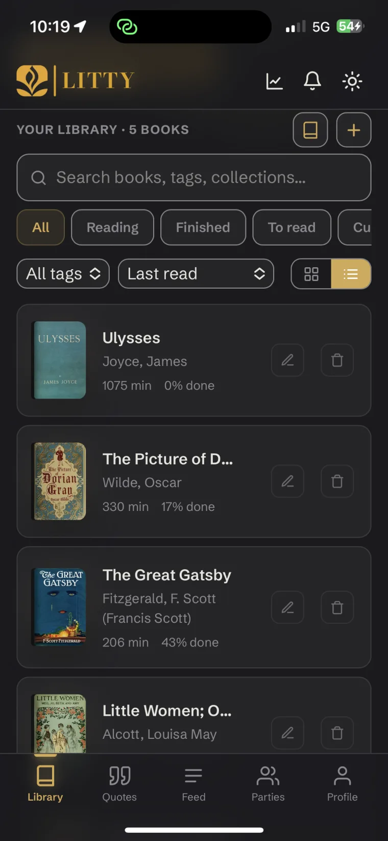 Library list view — reading time and progress per book