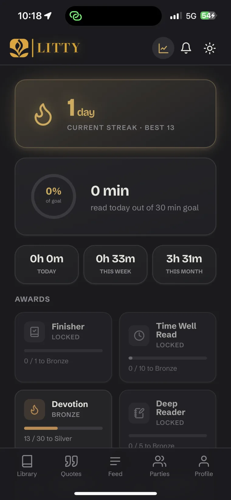 Reading stats — streak, daily goal, and awards