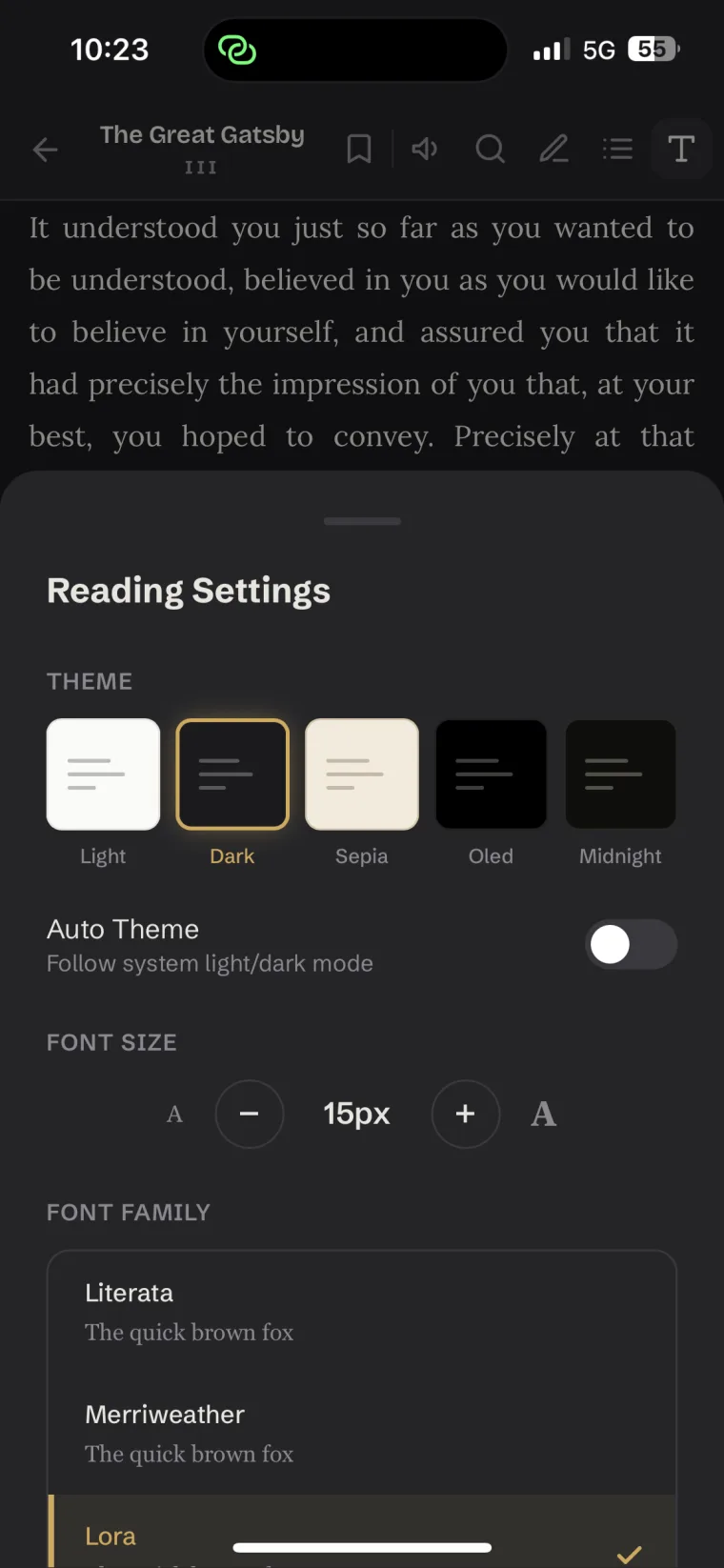 Reading settings — light, sepia, dark, OLED and Midnight themes