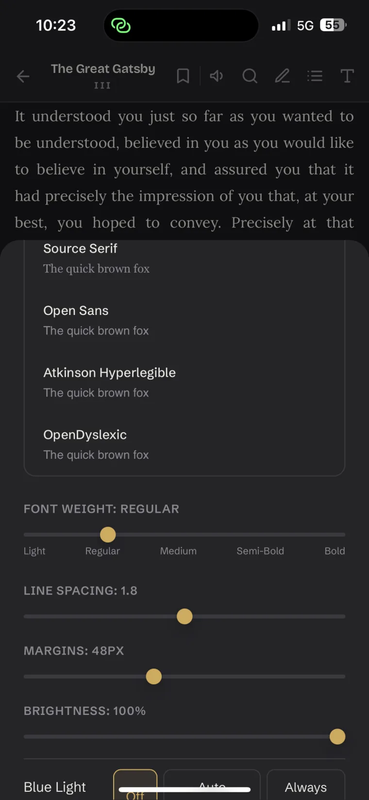 Typography controls — fonts, weight, spacing, margins, brightness